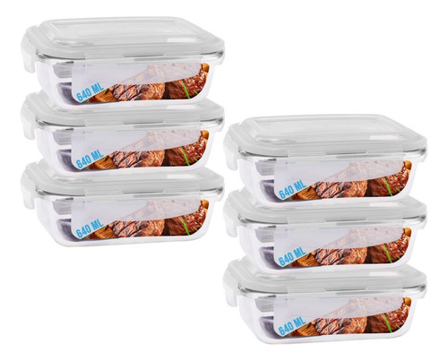 Kit 6 Potes Vidro 640ml (vai Ao Forno, Microondas) Retangular Com Tampa