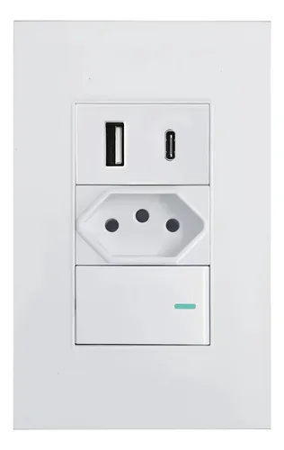 Tomada Interruptor Paralelo com USB Tipo C de Parede Universal Branco