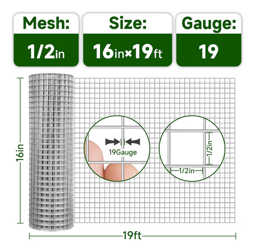 Tela De Hardware De 16 X 19 Pies, Malla De 1/2 Pulgada, Cali