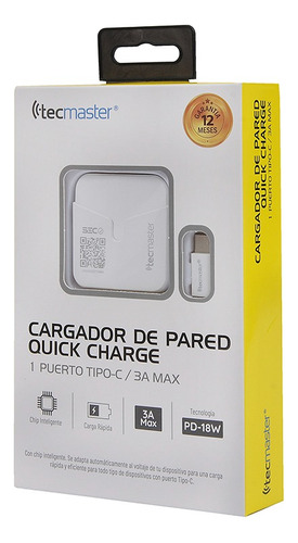 Cargador Pared 1 Usb Tipo C 3a Tecmaster Blanco