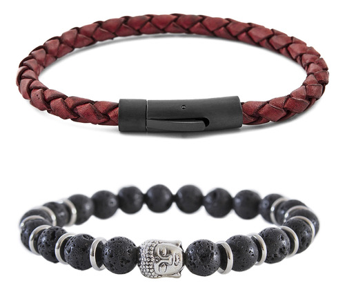 Pack 2 Pulseras De Cuero Hombre Rojo + Pulsera Piedras Buda