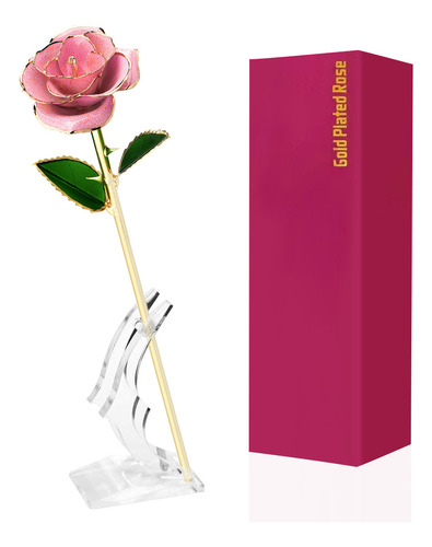Rosa Chapada En Oro De 24 Quilates Con Soporte, Regalo De Sa