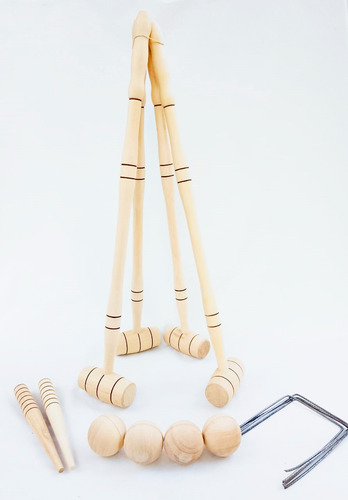 Juego Croquet Madera Natural 4 Palos +4 Bochas + 6 Arcos