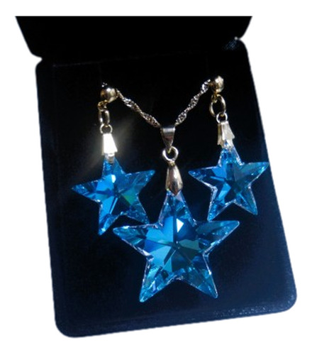 Conjunto Estrela Cristal Swarovski Blue Ab 2,8 Cm Folh. Ouro