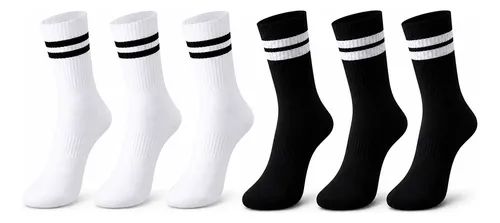 Kit 6 Meias Cano Alto Academia Casual Fitnes Unissex Algodão 3 Brancas E 3 Pretas Listras 36 Ao 43