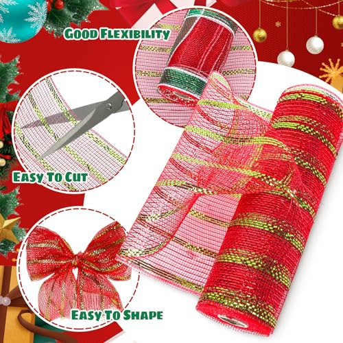 4 Rolls Christmas Mesh Ribbon Red Green Xmas Tree Decor...