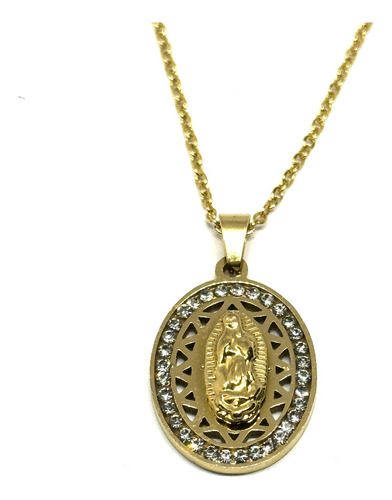 Collar Medalla Virgen Guadalupe Oval Acero Dorado Piedra 2