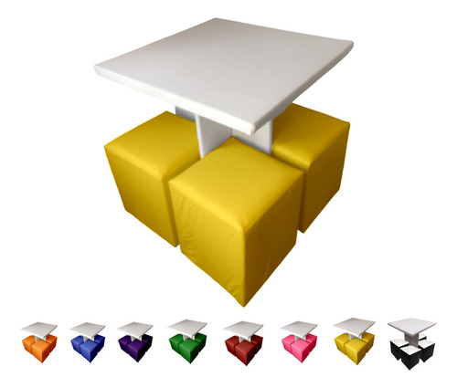 Jogo De Mesa C/ 4 Puffs Banquinho Cubo Decoração Conforto Cor Branca C Puff Amarelo Desenho Do Tecido Liso