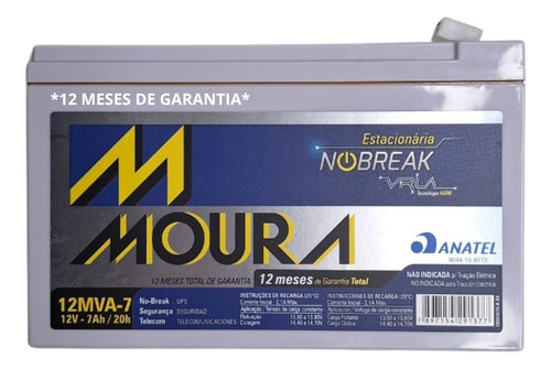 Bateria Estacionária 12v 7ah Nobreak Cerca 12mva-7 Moura