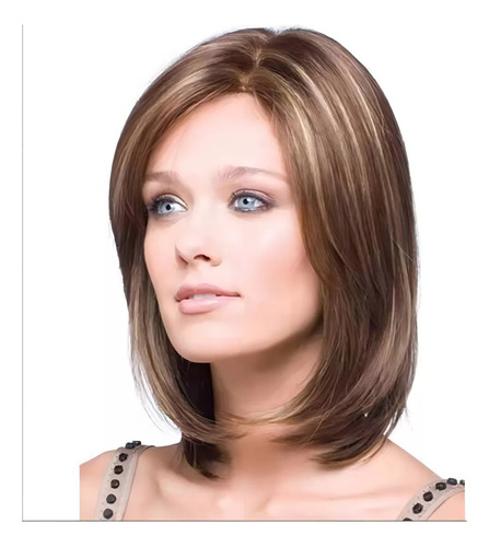 Set De Peluca Natural De Pelo Corto Y Liso De Tres Piezas,