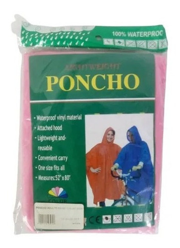 Poncho Con Capucha Talla Unica Adulto Joven Lluvia