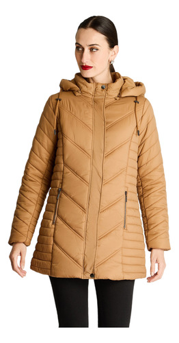 Parka Larga Con Cierre Frontal Y Gorro Camel Mujer Moda Invi