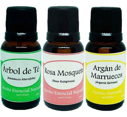 3 Aceites Esenciales Árbol De Te Rosa Mosqueta Argán 15 Ml.