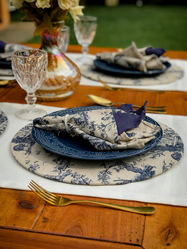 Conjunto Mesa Posta Linho Toile De Jouy Estilo Farm House