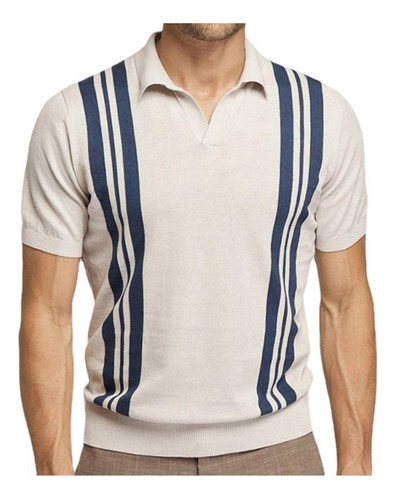 Polo De Punto Vintage A Rayas Para Hombre, Manga Corta