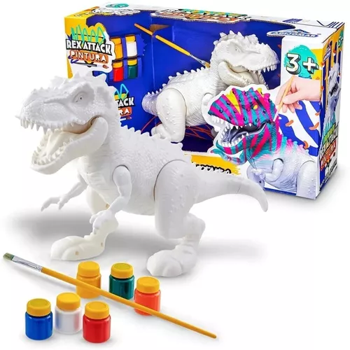 Brinquedo Dinossauro Rex Attack Branco Para Colorir + Pincel + 6 Tintas