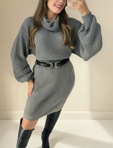 Vestido Feminino Manga Bufante Gola Boba Tricot Tendência