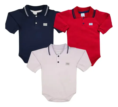 Kit 3 Bodies Bebê Gola Polo 100% Algodão Suedine