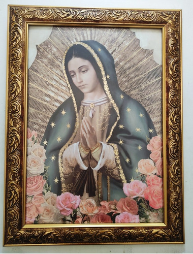 Virgen De Guadalupe Perfil Con Rosas En Marco Dorado A 47 X 