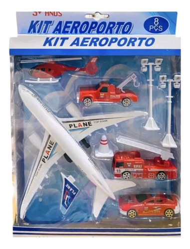 Kit Aeroporto De Brinquedo 8 Peças Avião Caminhão Bombeiro