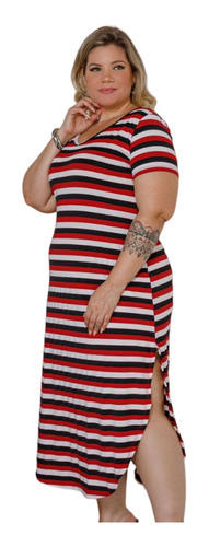 Vestido Longo Estampado Plus Size Fenda Lateral Manga Curta