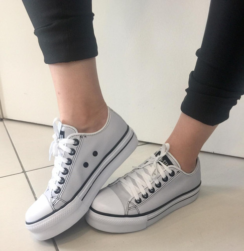 all star plataforma de couro branco