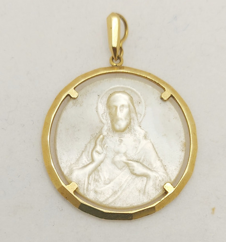 Dije Medalla  Oro 18 K Y Nacar. Religiosa, Sagrado Corazon