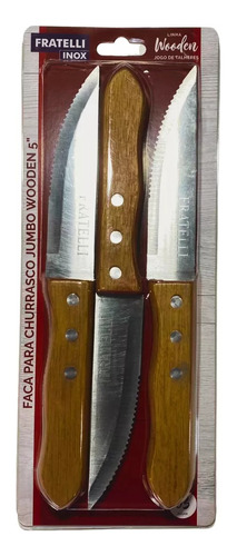 Faca De Mesa Jumbo Churrasco Inox Cozinha Cabo Madeira 3pçs