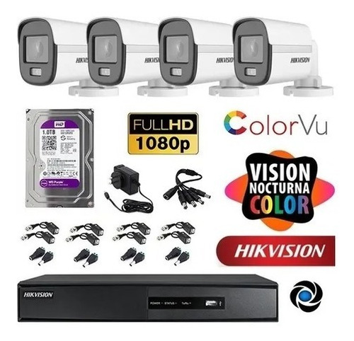 Imagen 1 de 10 de Kit Seguridad Hikvision Dvr 8ch + 4 Camaras 2mp Colorvu +1tb