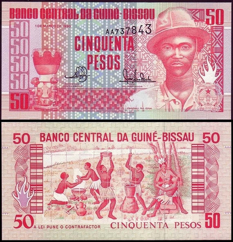 L-2362 -  Belíssima Cédula F E - 50 Pesos Guiné Bissau 1.990