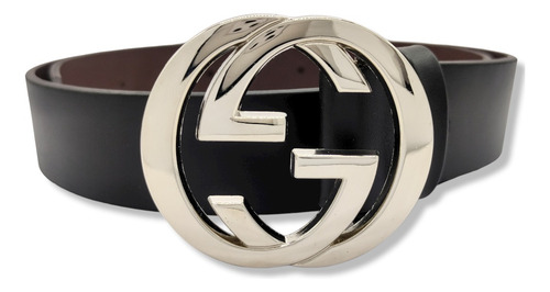 Cinturon Gg Moda Mujer Hombre Negro Liso Unisex G-invertida Color G Invertida Plateada Talla L (125cm)