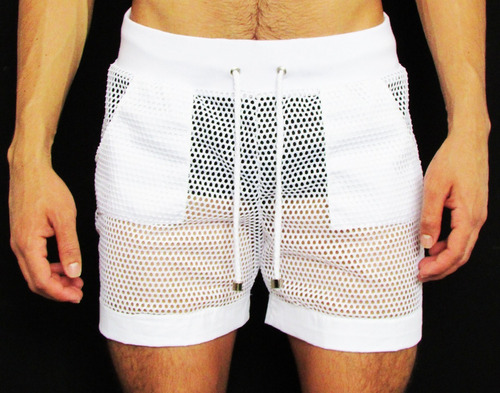 Shorts Masculino Transparente Branco Arrastão Com Barra