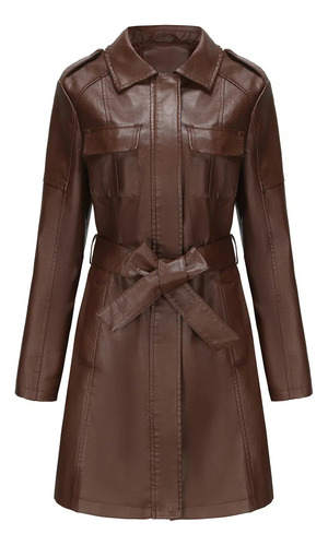 Gabardina De Cuero Con Cinturón Para Mujer Abrigo Largo