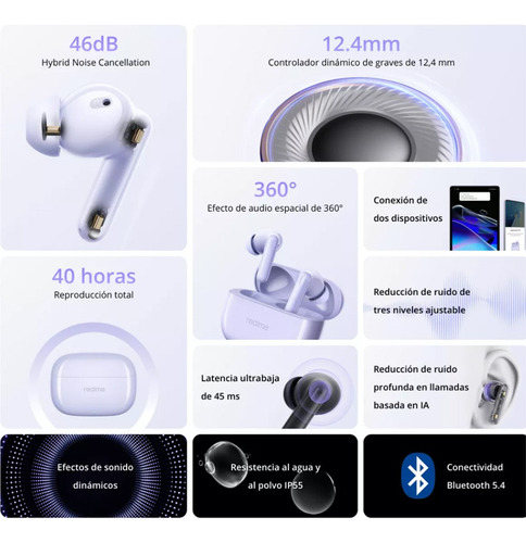 Realme Buds T310 46db Sound Audio 360° Ip55 40 Hours Tws