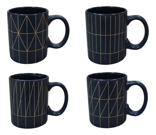 Set X 4 Taza Ceramica Negras Decoradas Con Dorado Mug 350 Ml