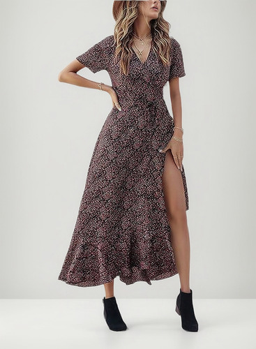 Vestido Con Cuello En V Y Estampado Floral Con Cinturón Fino