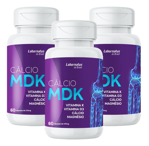 Cálcio Mdk Vitaminas D3+k2 + Magnésio 60 Cápsulas 3 Caixas