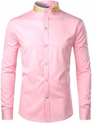 Zeroyaa Mens Hipster Bordado De Oro Cuello Mandarín Slim Fit