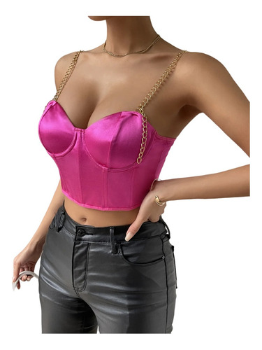 Lindo Crop Top Con Tirantes Y Cadenas Tipo Seda