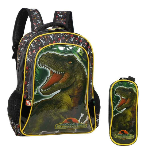 Imagem 1 de 8 de Mochila Escolar Vozz M4029 Dinossauro + Estojo 5 A 10 Anos