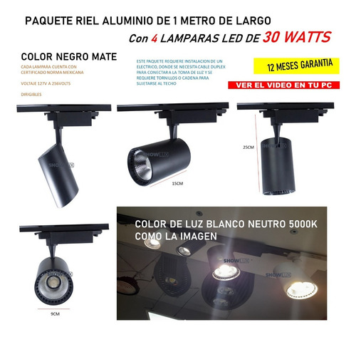 Kit De 4 Lamparas De Riel Dirigible Led 30w Negra Luz Neutra