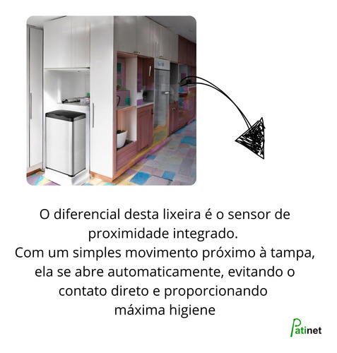 Lixeira Retangular Automática 50l Aço Inox C/ Sensor E Botão