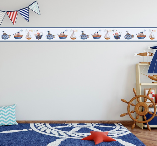 Vinil Decorativo Cenefa Infantil Barcos Acuarela Hd