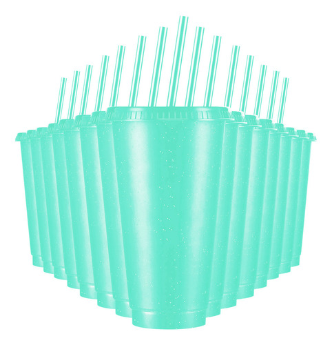 Vasos Reutilizables De 24 Oz Con Tapa Y Popote, 15 Piezas Color Verde Lago