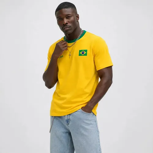 Camisa Brasileira Masculina Manga Curta Gola Redonda Brasil Amarelo Estampado Gg