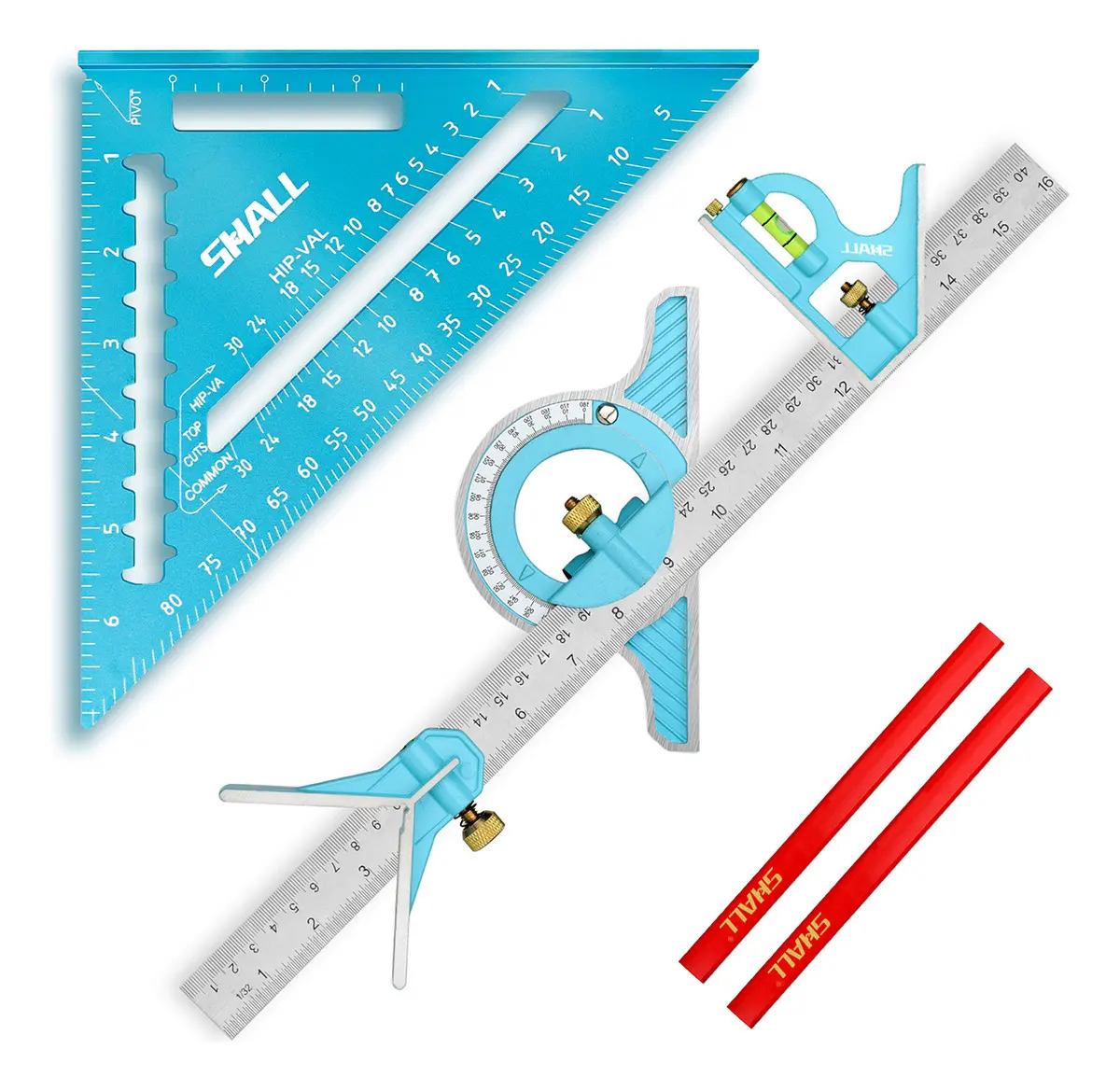 Escuadra Rapida Universal Aluminio 7'' y Juego de Escuadra Combinada con Regla de Acero 16'' 40cm para Carpintería