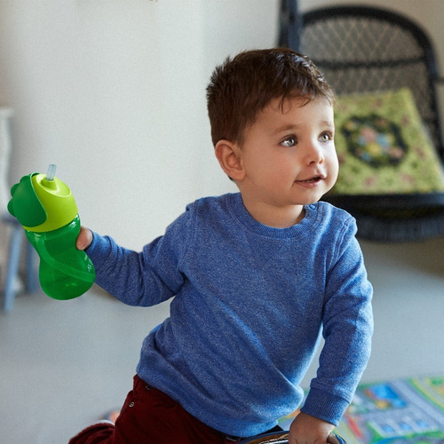 Imagem 2 de 5 de Copo De Treinamento Avent Dinossauro Com Canudo Curvado Antivazamento 300ml - 12m+ Verde