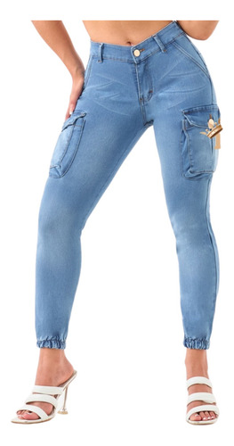 Rg Jeans Mezclilla Mujer Cargo Bolsas A Los Costados Stretch