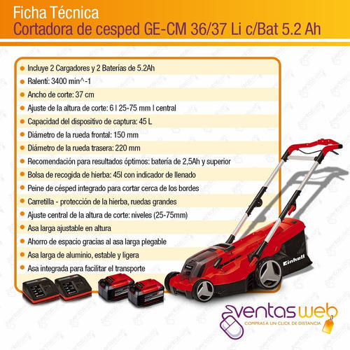 Imagen 8 de 9 de Cortadora De Cesped Inalambrica Einhell 2 Baterias 5,2 Amp