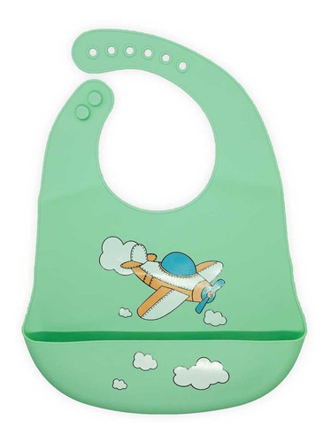 Babero Bebe Silicona Impermeable Regulable Bolsillo Dibujo Avion Verde